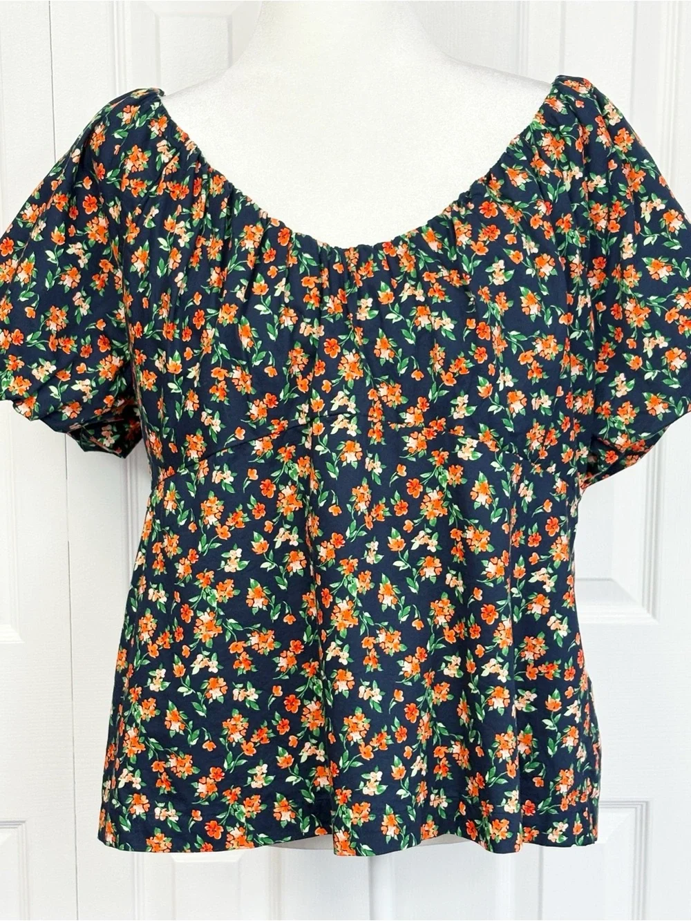 Old Navy Navy Blue & Orange Floral Print Puff Sleeve Smocked Trapeze Top XL